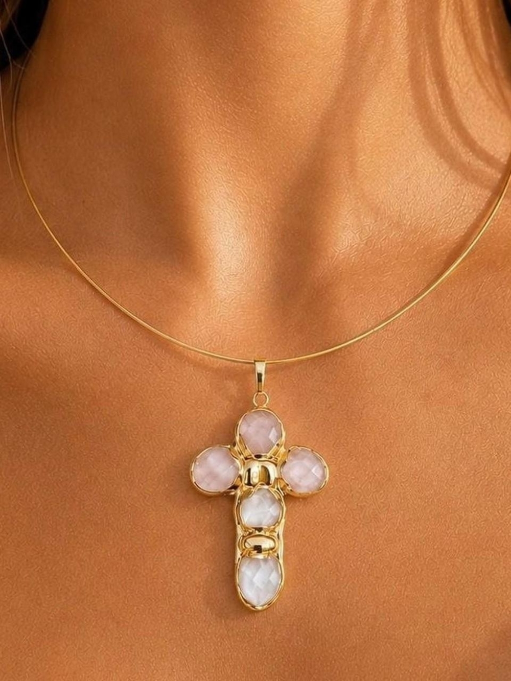 Natural Stone Cross Choker Necklace